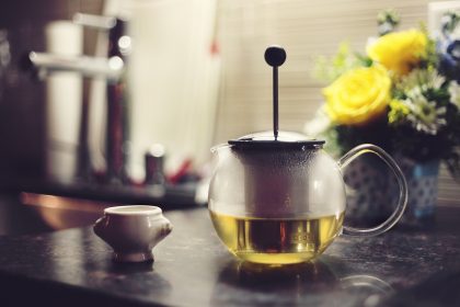 Green tea pot shown on counter top